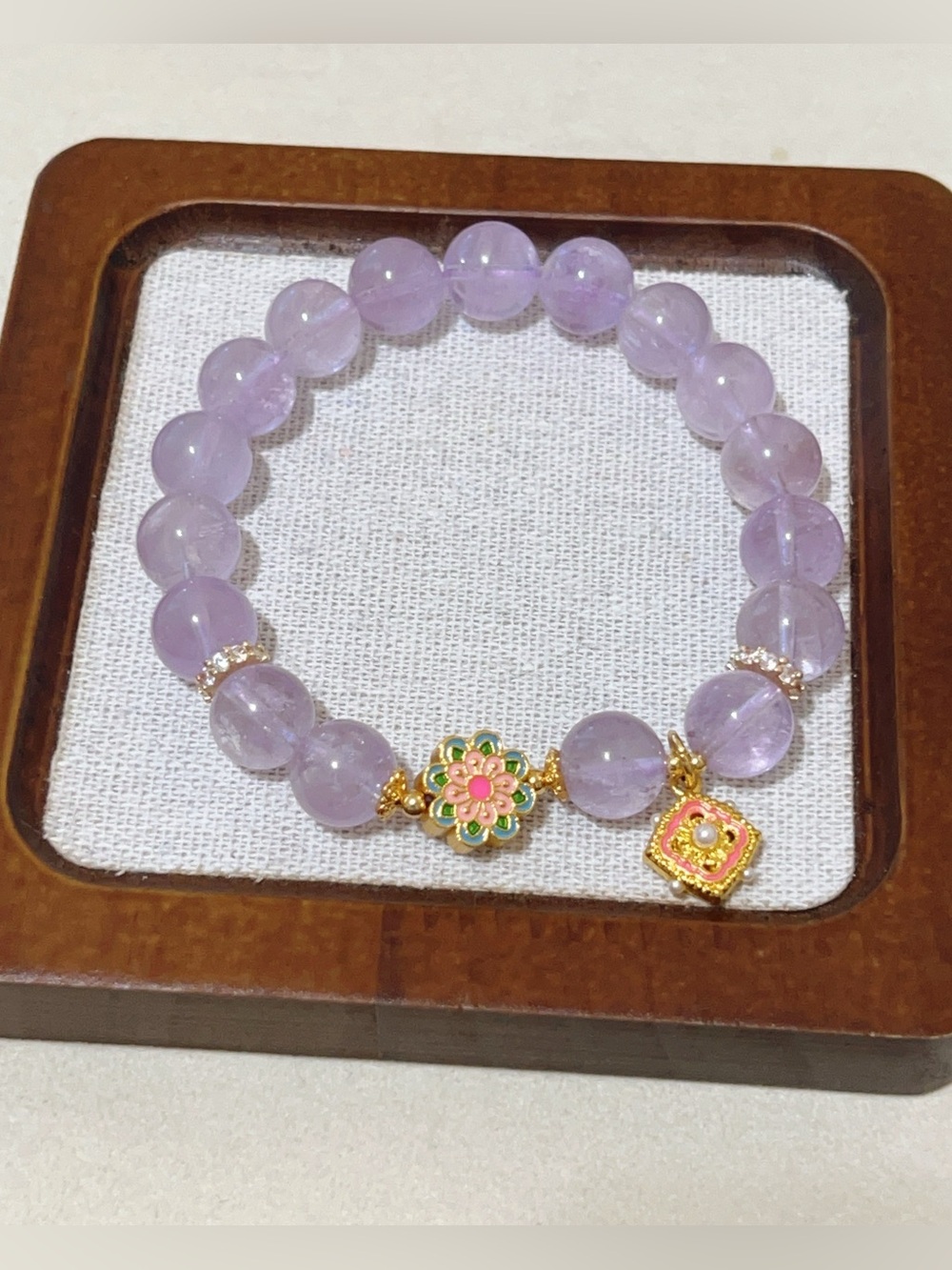 Handmade Lavender Purple Amethyst Quartz bead bracelet with GP Flower charm 11mm